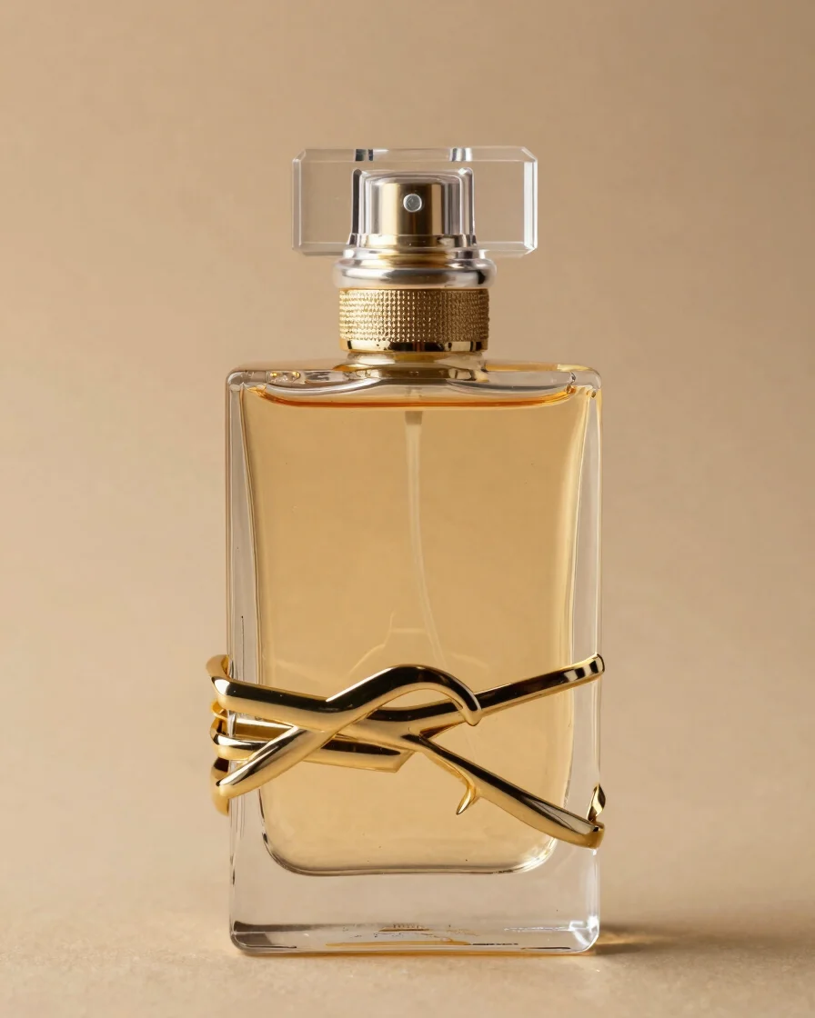 Close-up of an elegant glass perfume bottle, showing intricate design details and liquid clarity, luxury product photogr