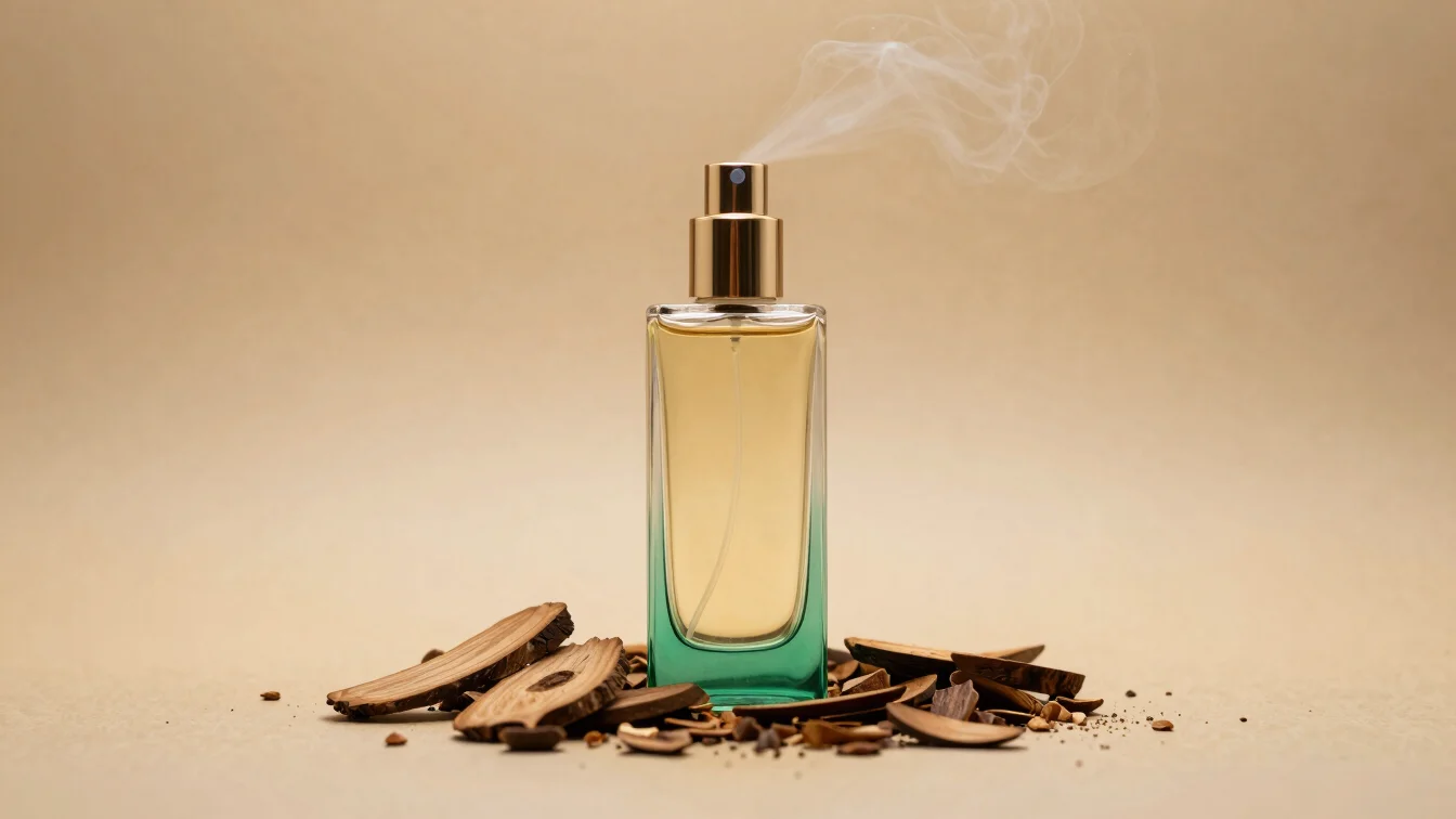 Luxurious oud wood chips and a delicate mist spray from a perfume bottle, warm golden studio lighting, subtle green acce