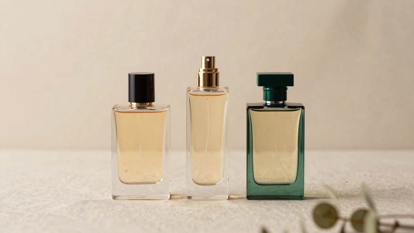 Set of three elegant perfume bottles in varying sizes, arranged on a soft linen surface with subtle botanical elements,