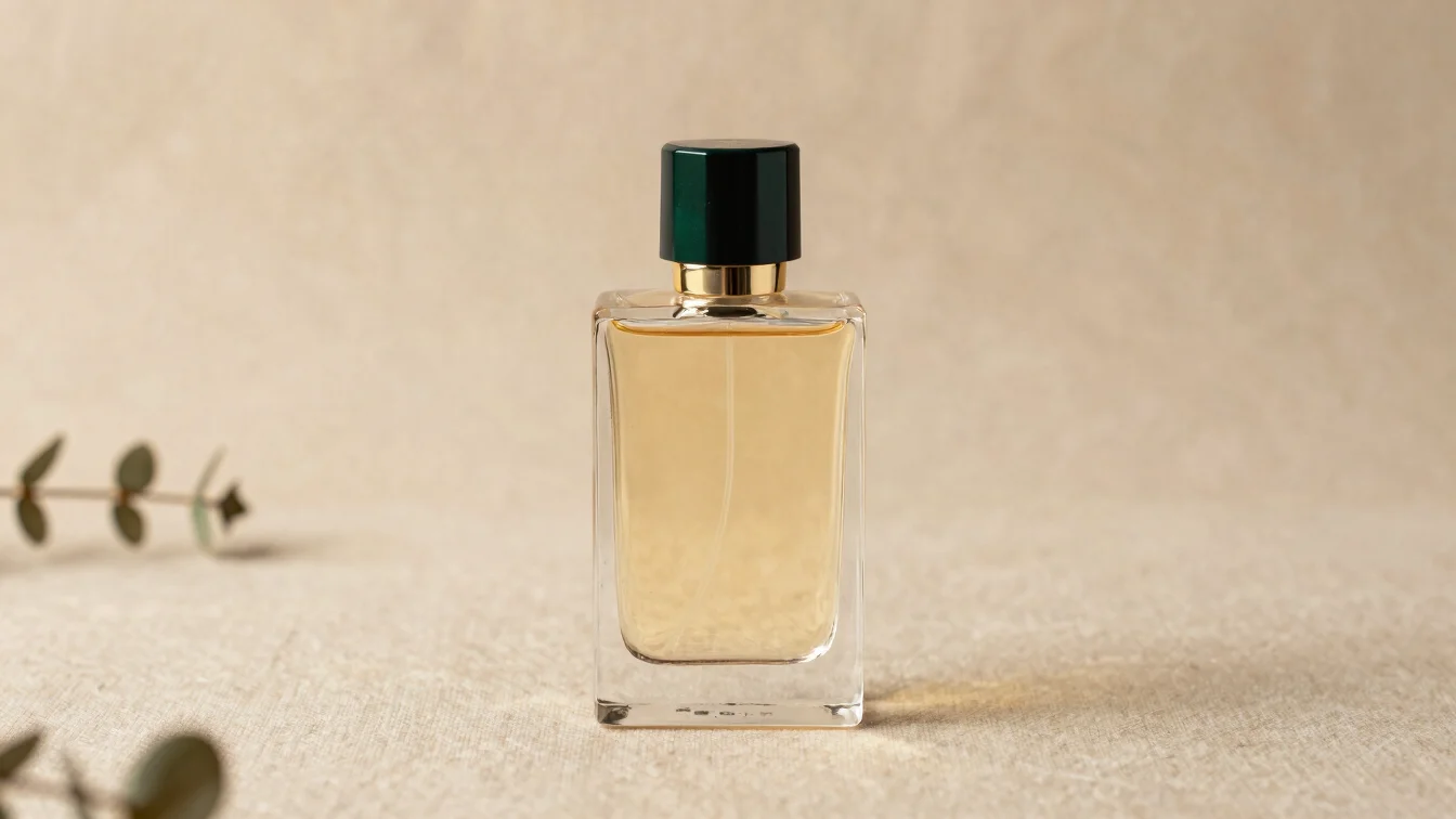 Elegant French perfume bottle on a soft beige linen surface, warm studio lighting, subtle botanical elements, luxury pro