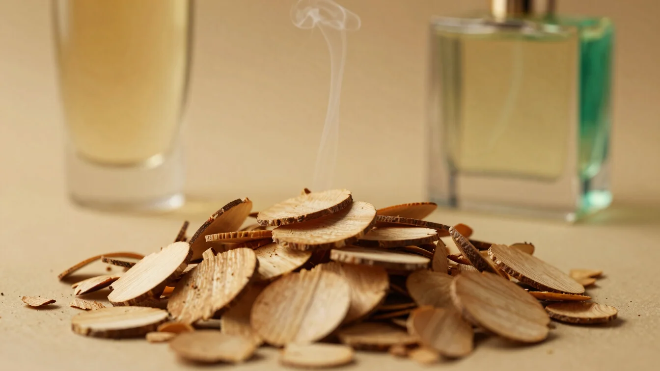 Close-up of high-quality oud wood chips with subtle smoke, warm golden lighting, luxury product photography