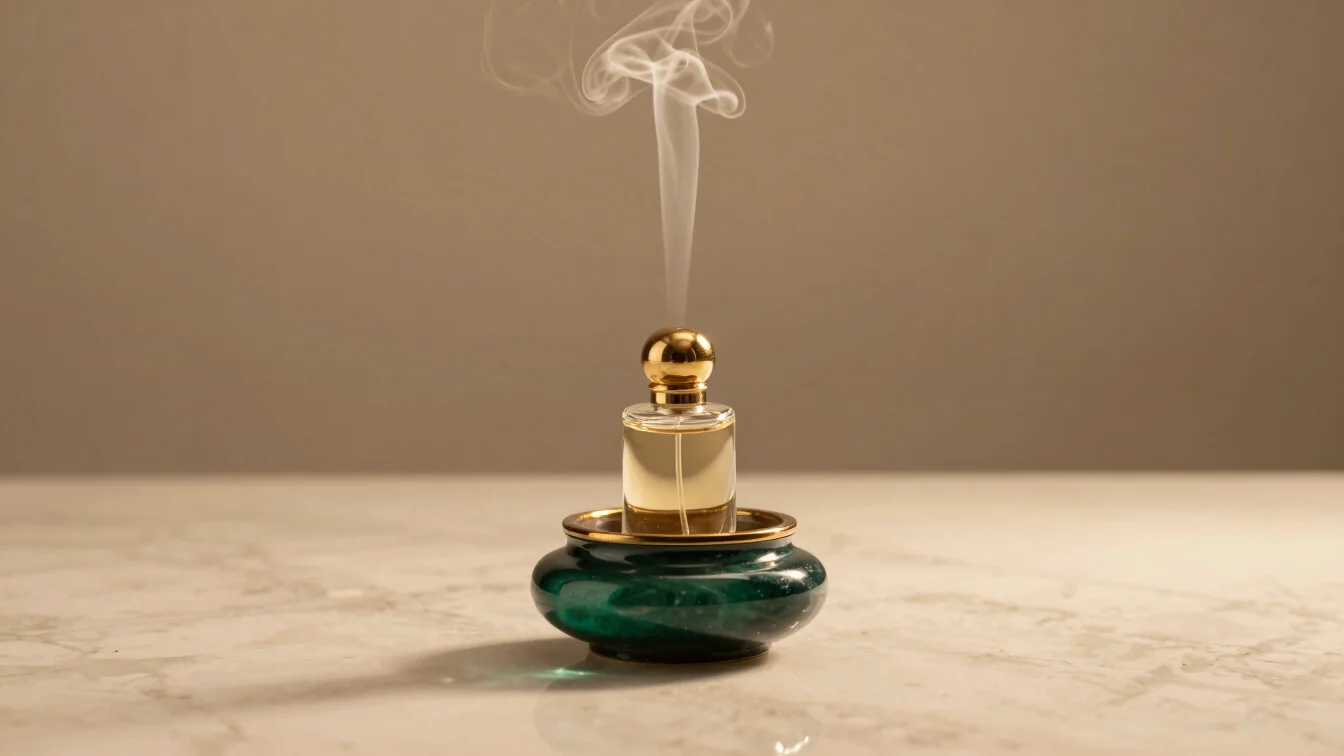 Elegant incense burner with rising smoke on an ivory marble surface, warm golden studio lighting, luxury product photogr