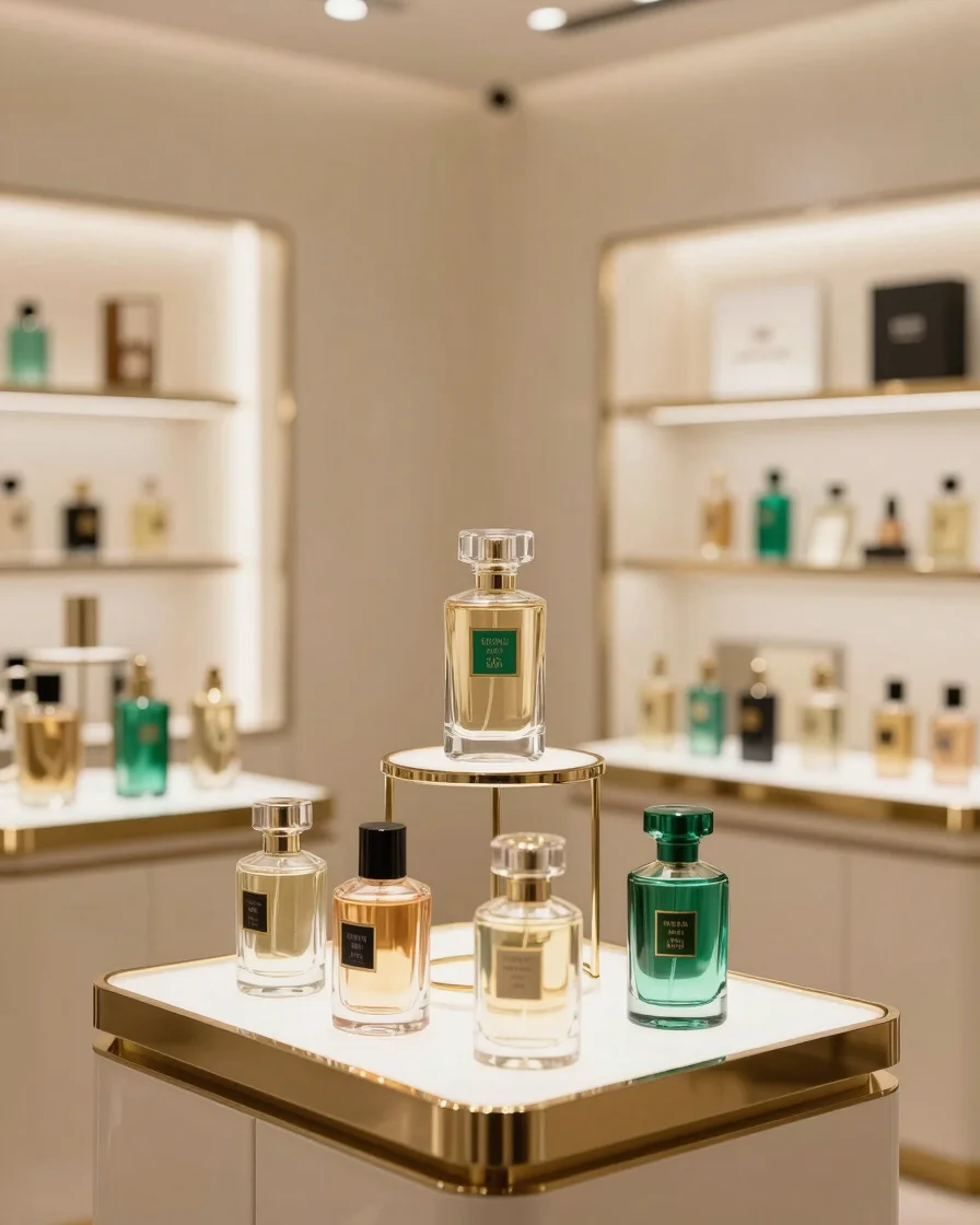 Interior of a luxurious perfume boutique, elegant displays of perfume bottles, warm ambient lighting, soft emerald and c