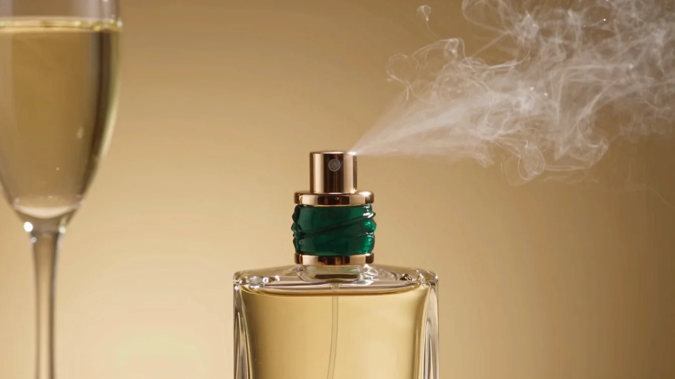Close-up of elegant glass perfume bottle, delicate mist spray, wa
