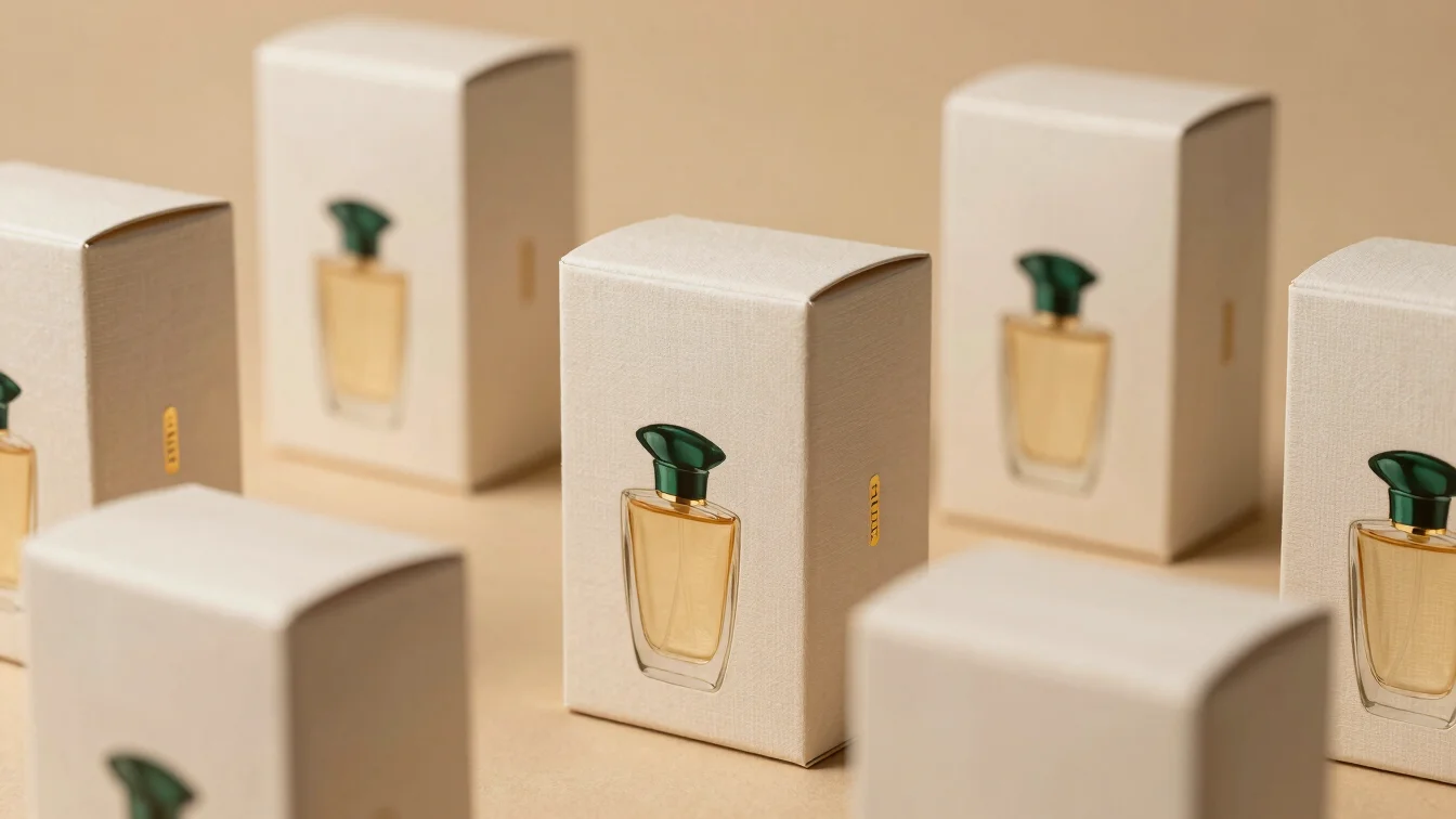 Refined packaging boxes with subtle gold accents on soft linen su