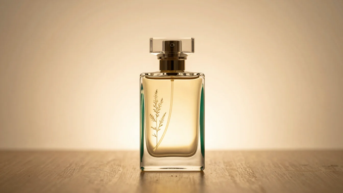 Elegant glass perfume bottle with subtle botanical elements, warm