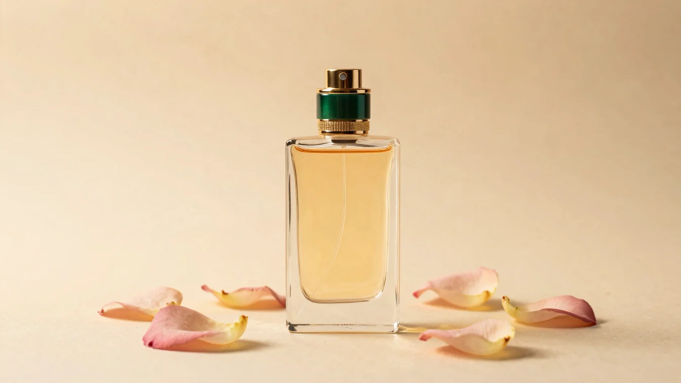 Elegant glass perfume bottle with delicate rose petals, warm golden studio lighting, beige background, shallow depth of