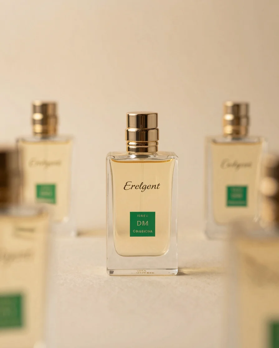 Elegant glass perfume bottles with subtle green brand elements un